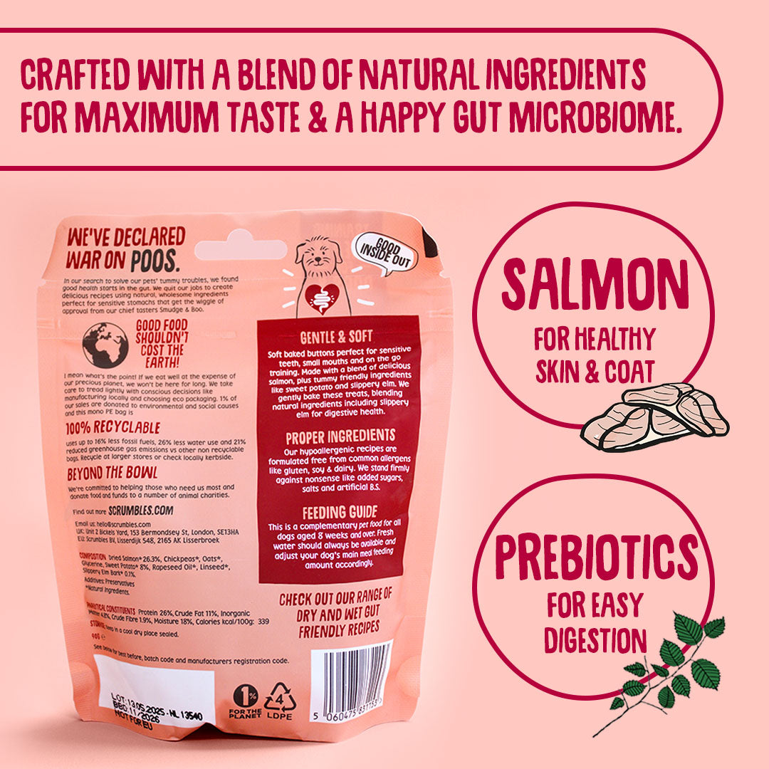 Dog food packaging with text about natural ingredients and health benefits on a pink background