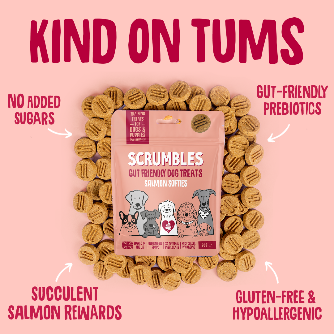 Scrumbles dog treats packaging with text highlighting benefits on a pink background