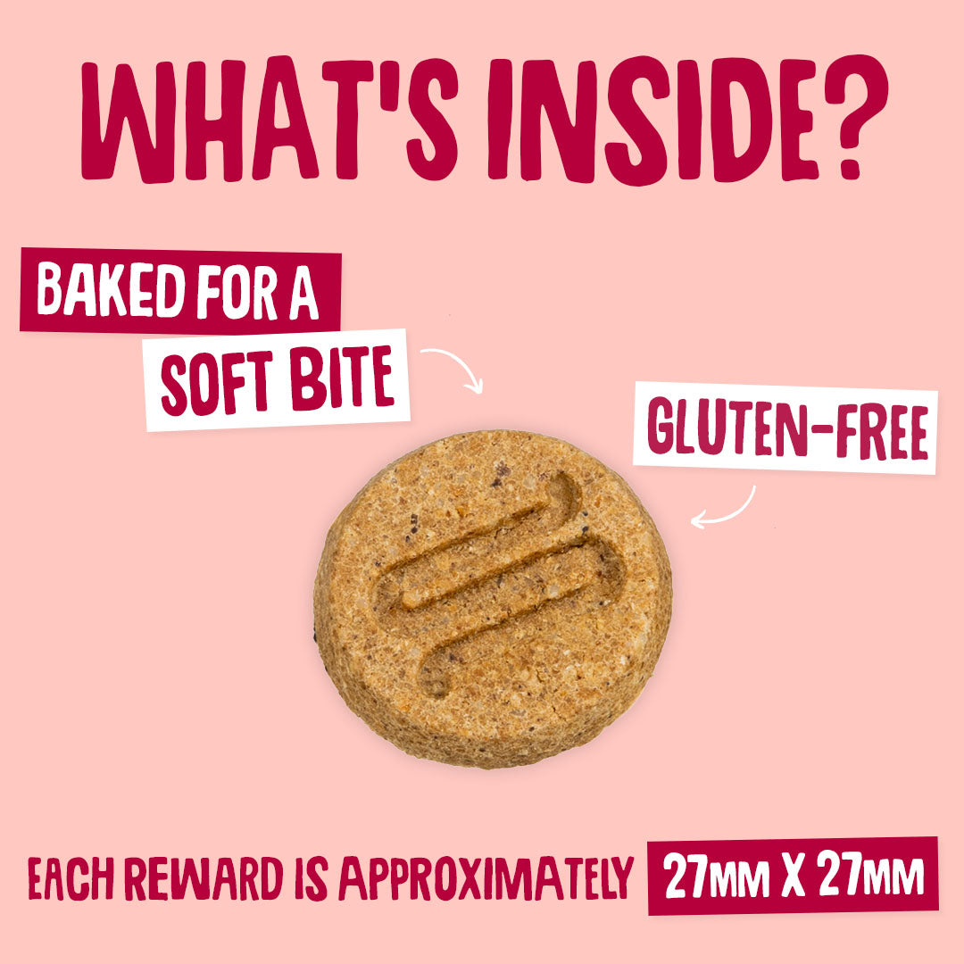 Dog treat with text on a pink background