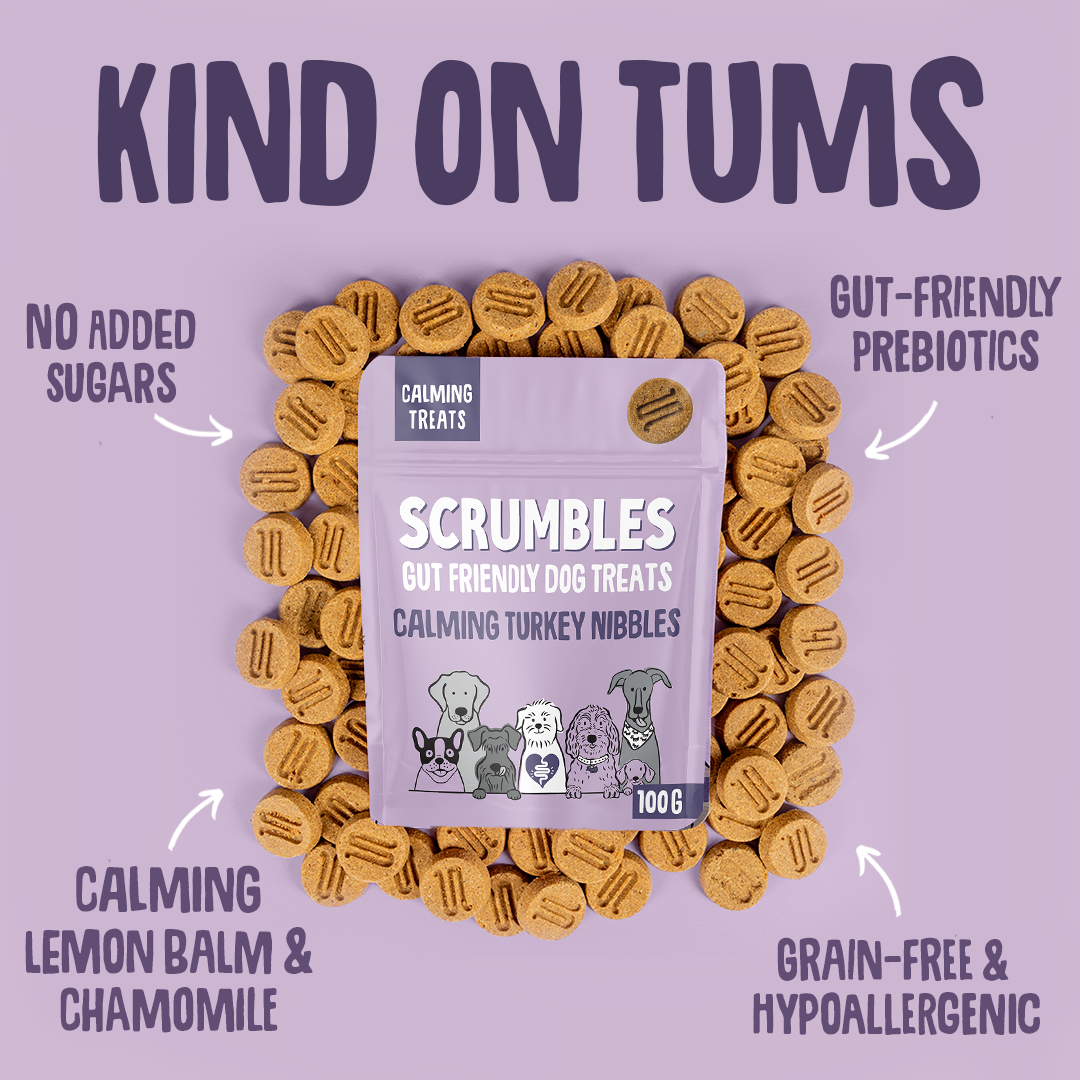 Scrumbles calming dog treats packaging surrounded by treats on a purple background with text highlighting features.