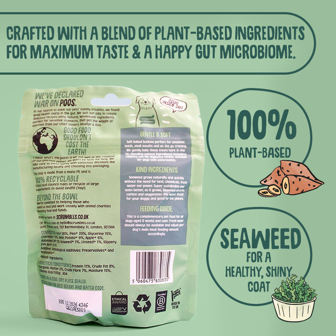 Dog food packaging with text about plant-based ingredients and seaweed benefits on a green background