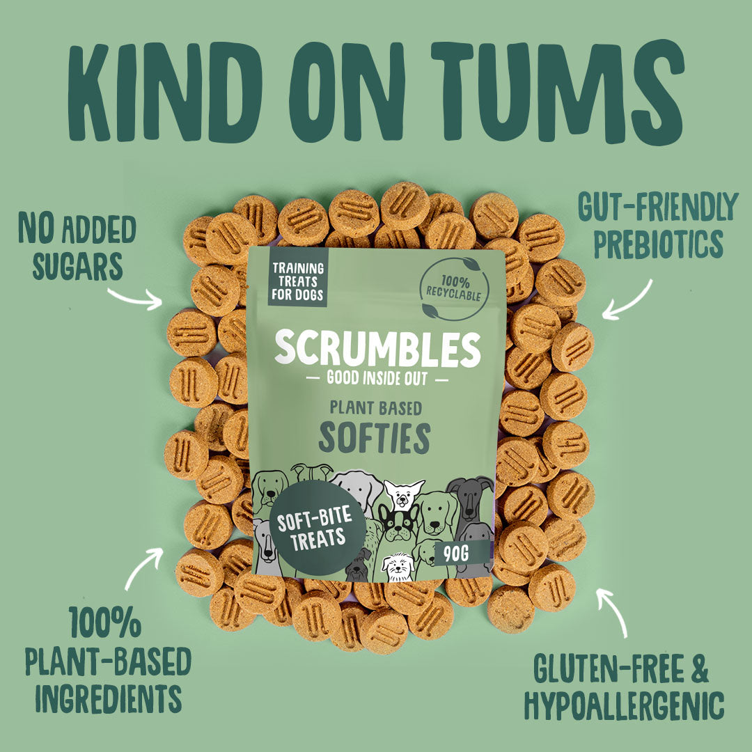 Scrumbles dog treats with branding and product information on a green background