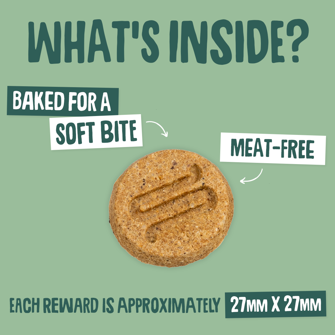 Dog treat with text indicating 'Baked for a soft bite' and 'Meat-free' on a green background