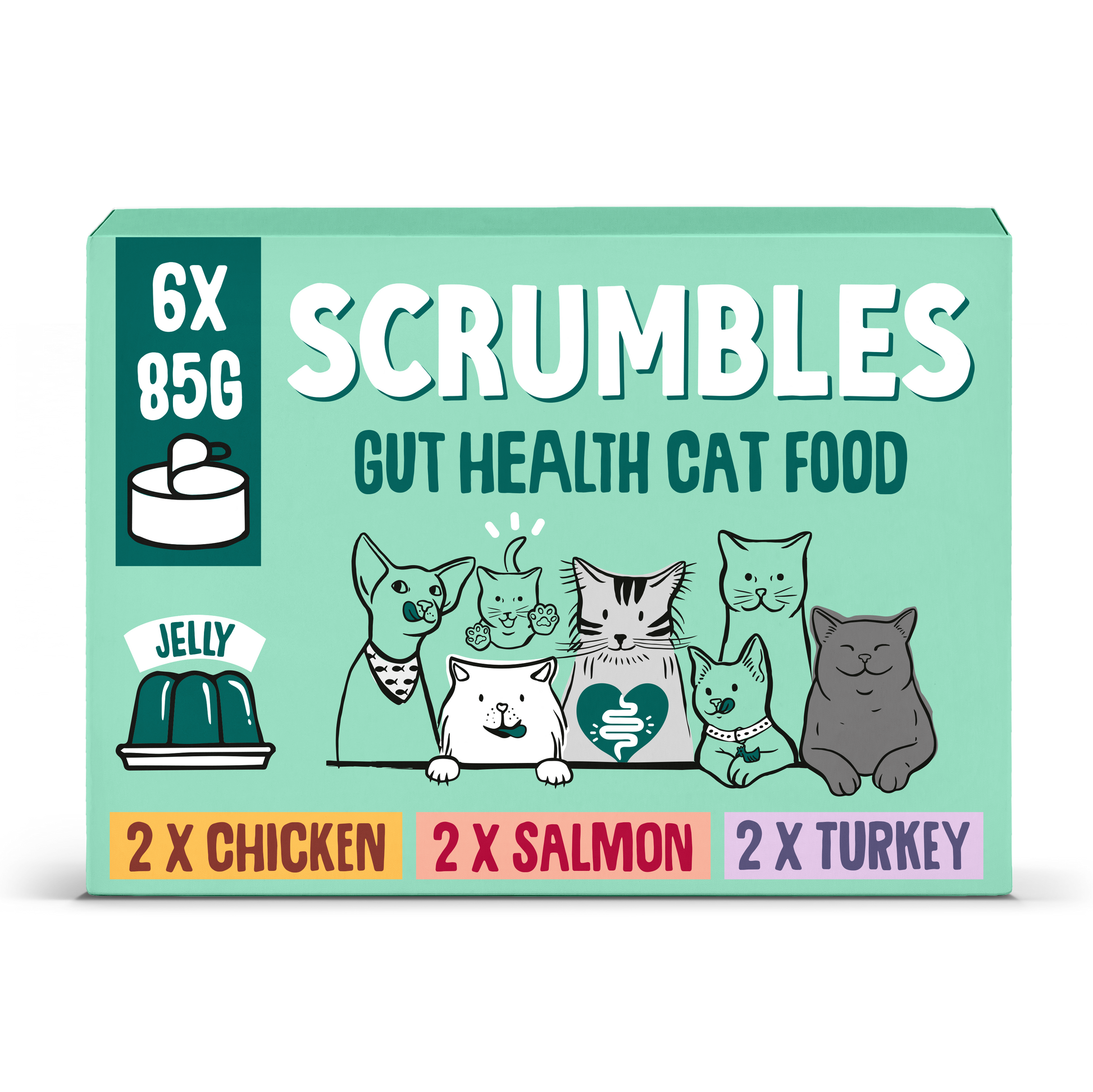 Scrumbles Gut Health Cat Food box featuring jelly flavor, with cartoon cats and text indicating 6x 85g, chicken, salmon, and turkey flavors.