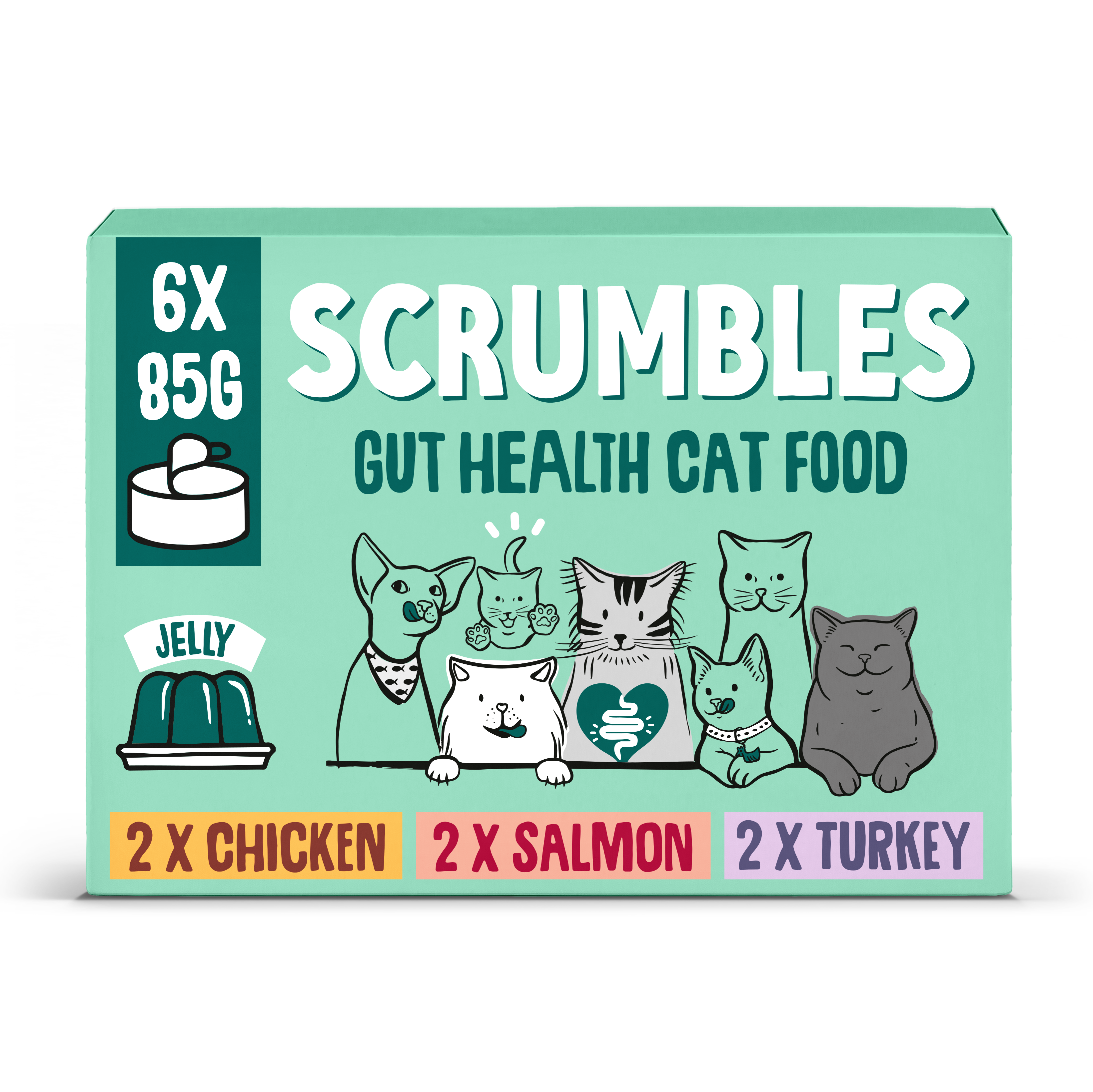 Scrumbles Gut Health Cat Food box featuring jelly flavor, with cartoon cats and text indicating 6x 85g, chicken, salmon, and turkey flavors.