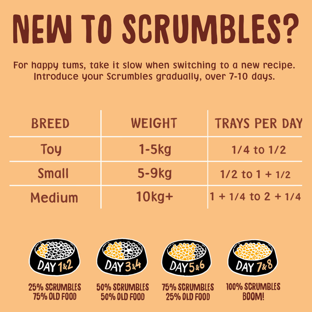Scrumbles pet food introduction guide with chart for different breeds and weight ranges.