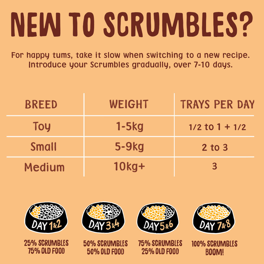 Instructional chart for introducing Scrumbles pet food gradually over 7-10 days, with breed-specific recommendations.