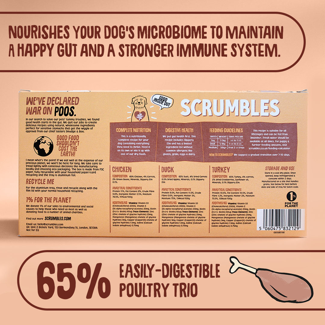 Scrumbles dog food packaging with text about gut health and ingredients on a beige background