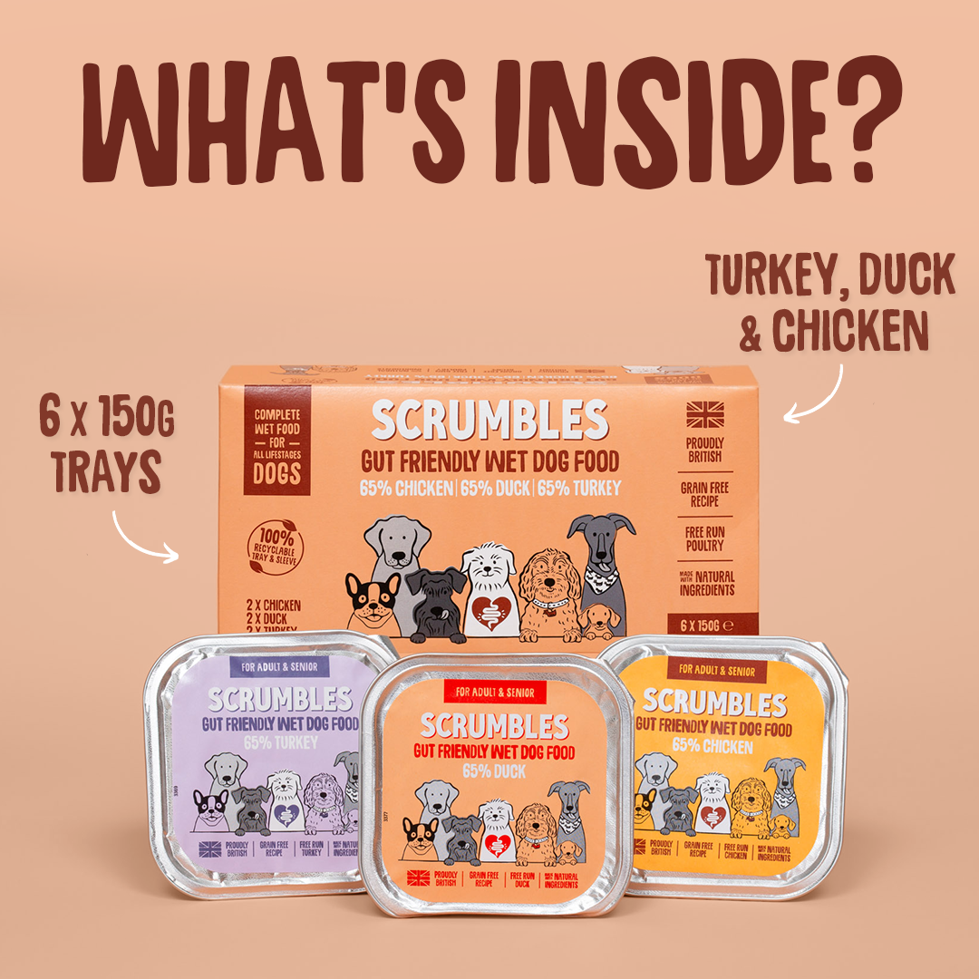 Scrumbles wet dog food packaging with text on a beige background
