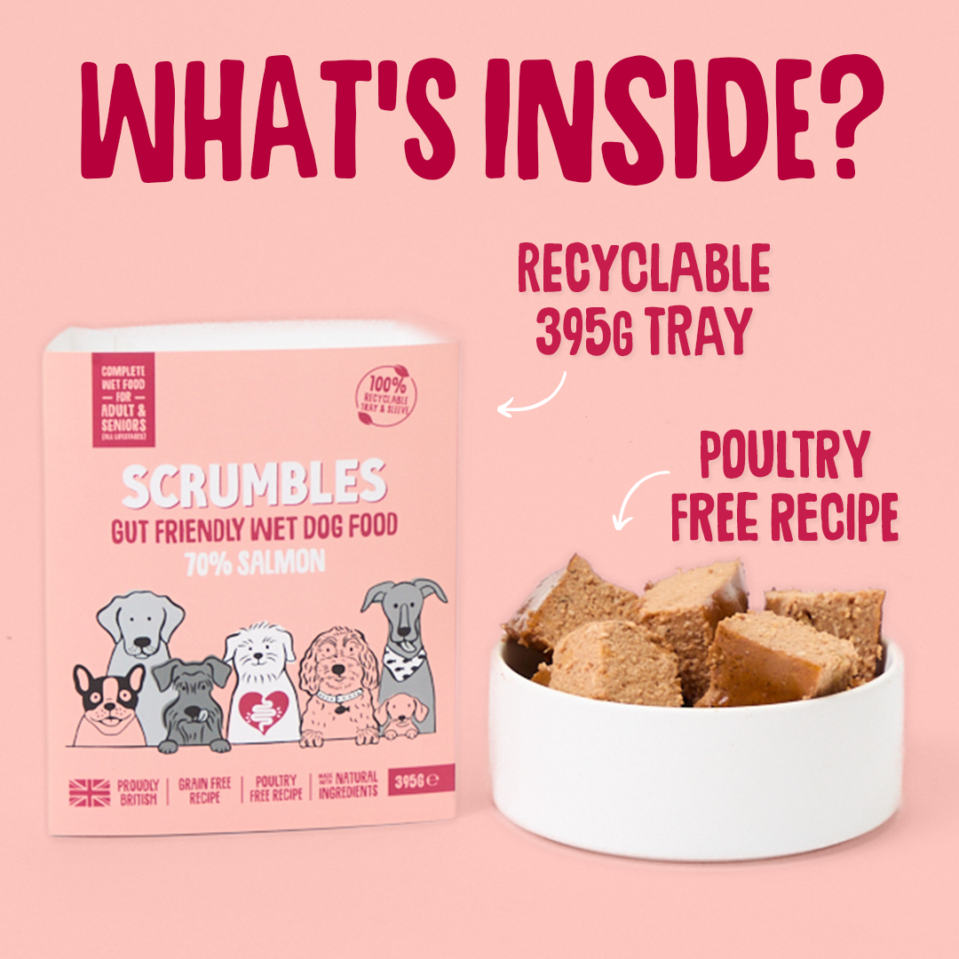 Scrumbles dog food packaging with text on a pink background