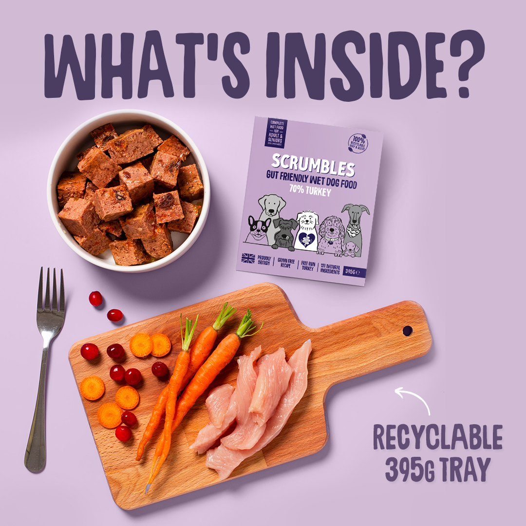 Scrumbles wet dog food packaging with ingredients on a tray and text asking 'What's Inside?'