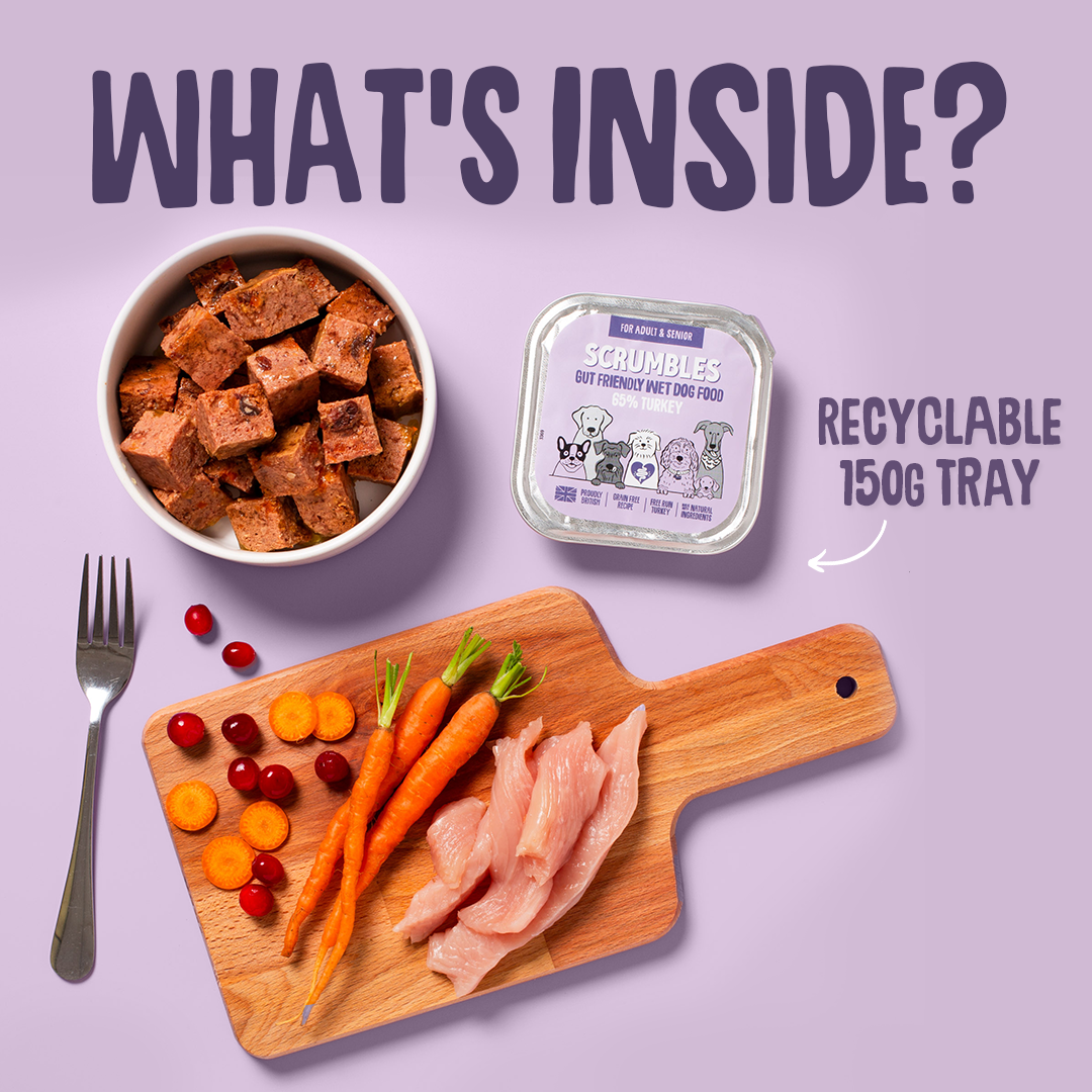 Scrumble dog food packaging with a bowl of dog food, a tray, and ingredients on a cutting board against a purple background.