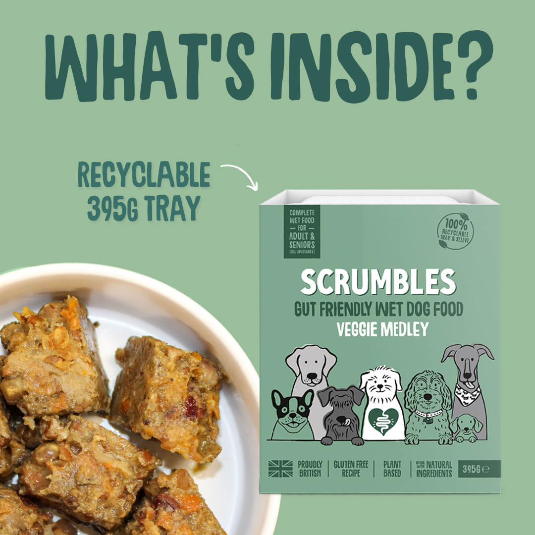 Scrumbles veggie medley wet dog food packaging with text and food on a plate.