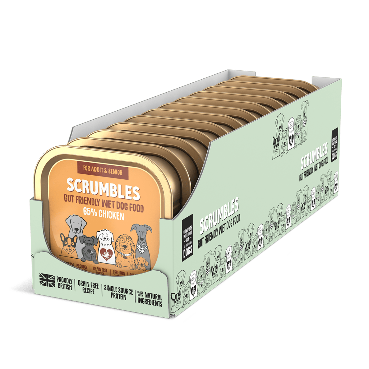 Packaging of Scrumbles dog food with multiple cans on a green background