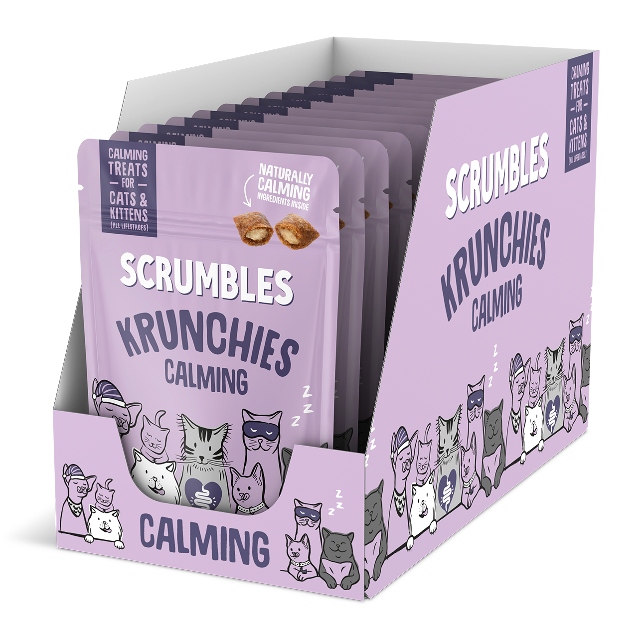 Display of Scrumbles Krunchies Calming cat treats packaging on a white background