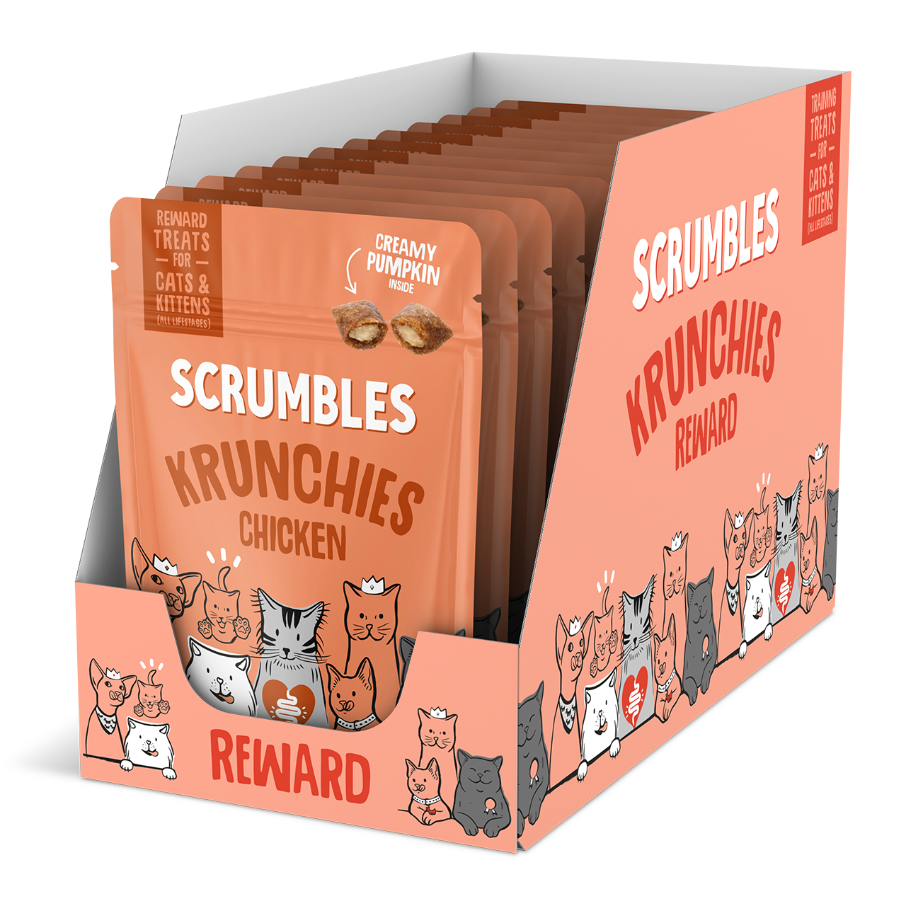 Packaging of Scrumbles Krunchies cat treats with cartoon cats on a white background