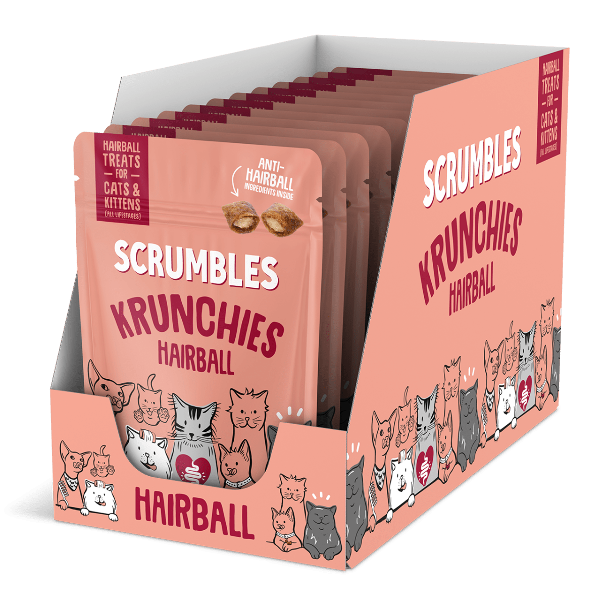 Display of Scrumbles Krunchies Hairball treats for cats and kittens with pink packaging.